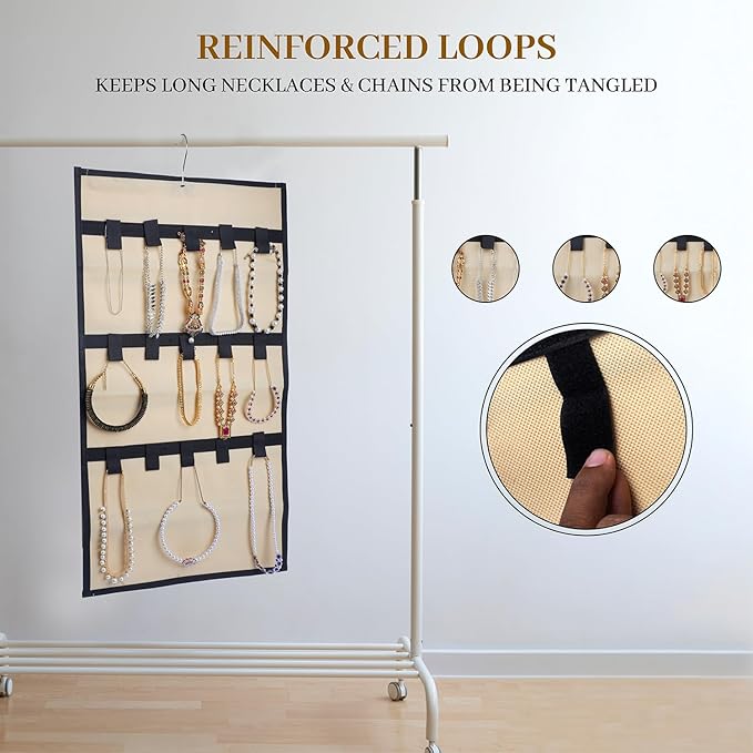 Hanging Jewelry Organizer, Double-Sided Storage with 24 Clear Pockets & 15 Hook Loops, 360° Rotating Hanger, Foldable Closet Jewelry Holder for Necklaces, Bracelets, Rings, Earrings, Beige