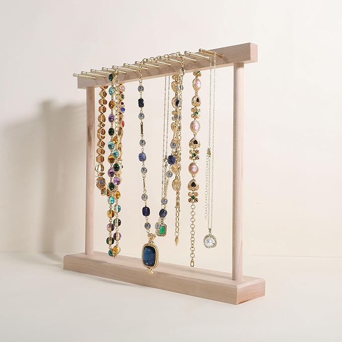 GemeShou Medium necklace hanger shelf with 12 copper bars, Wooden jewelry storage organizer rack for hanger necklace bracelet, necklace display stand for boutique store【Maple】