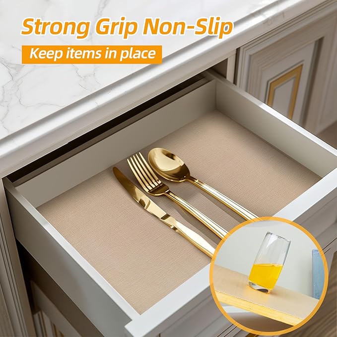 Shelf and Drawer Liner for Kitchen Cabinets Non-Adhesive, Strong Grip Non-Slip Thickened Cabinet Liners for Shelves, Waterproof Mats for Dresser Cupboard, Khaki, 23 in x 10 Feet