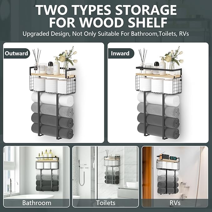 Towel Racks for Bathroom, Metal Towel Holder with Storage Basket,Wall Towel Rack for Rolled Towels, Towel Storage for Small Bathroom.