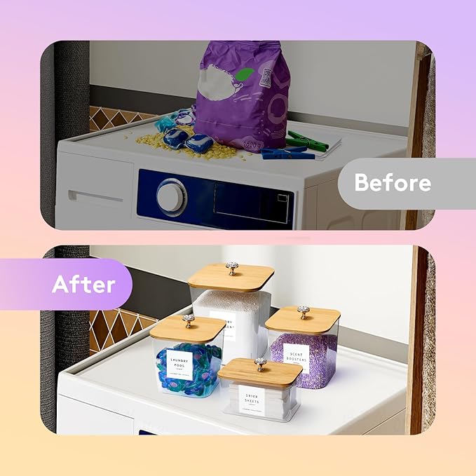 4 Pack Laundry Pod Containers and Dryer Sheet Holder for Laundry Room Organization Acrylic Jars with Lids and Labels for Laundry Detergent Laundry Pods Dry Sheet Organizing