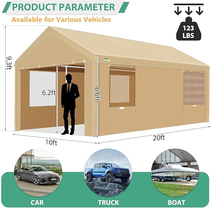 COBIZI 10x20ft Carport Heavy Duty, Portable Garage with Removable Sidewalls, Ventilated Windows & Built-in Sandbags, Waterproof Car Canopy for Truck, Boat, SUV with All-Season Tarp, Khaki
