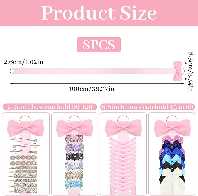 8 Pcs Bow Holder for Girls Hair Bows, Ribbon Hair Bow Organizer for Girls Women, Wall Hanging Clip Hairs Accessories Organizer Bedroom College Dorm Decor(White)(Pink)