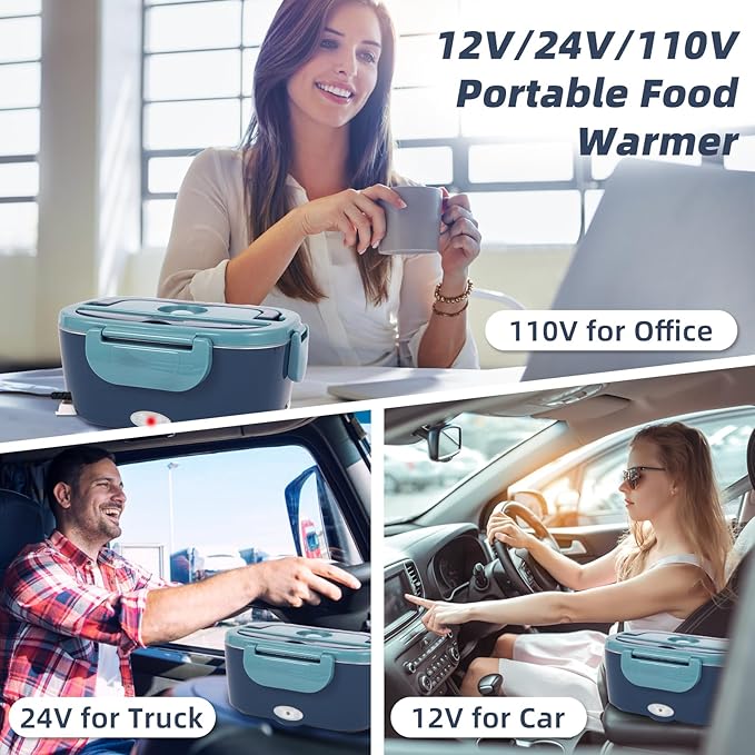 Electric Lunch Box, 12V/24V/110V Portable Food Warmer with SS Fork & Spoon for Car/Truck/Office, 80W Self Heating Lunch Box with 1.5L 304 Stainless Steel Container & 0.45L PP Fruit Box Blue