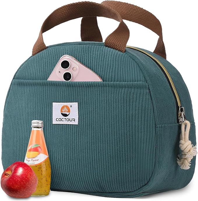Lunch Box Lunch Bag for Women Girls Teens, Cute Lunch Box Cooler Bag, Portable Small Insulated LunchBox Reusable Corduroy Lunch Tote for Work/Travel/Picnic/School (Lake Green)