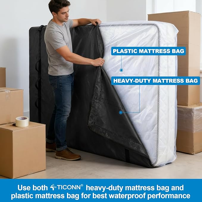 TICONN Mattress Bags for Moving, Heavy Duty Cali King Mattress Cover Storage Bag with Full-Around Handle and Adjustable Buckles (Black, Cali King)