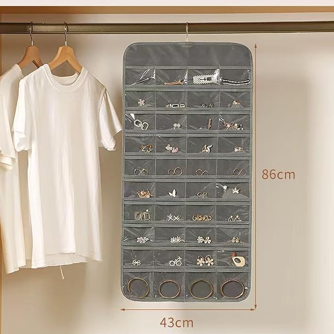 Hanging Jewelry Organizer,80+48 Clear Pockets and 8 Hooks for Jewelries Dual-Sided Display Holder,Wardrobe Storage Holder with Hook for Storing Jewelries Earrings Necklaces Rings Bracelets Glasses
