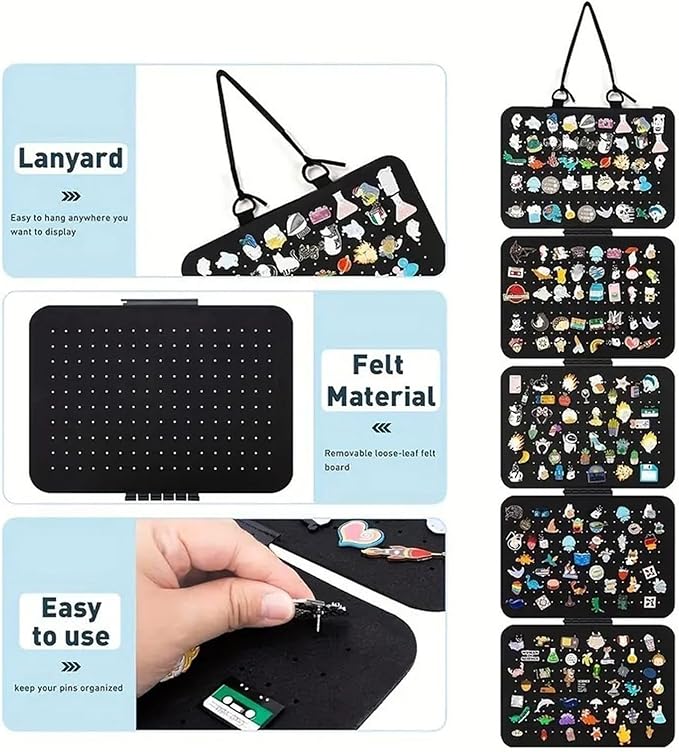 Hanging Enamel Pin Panels Display Pages with 5 Loose-leaf Board Pieces, Hanging Brooch Pin Organizer, Removable Badge Collection Display Holder (Pins Not Included)