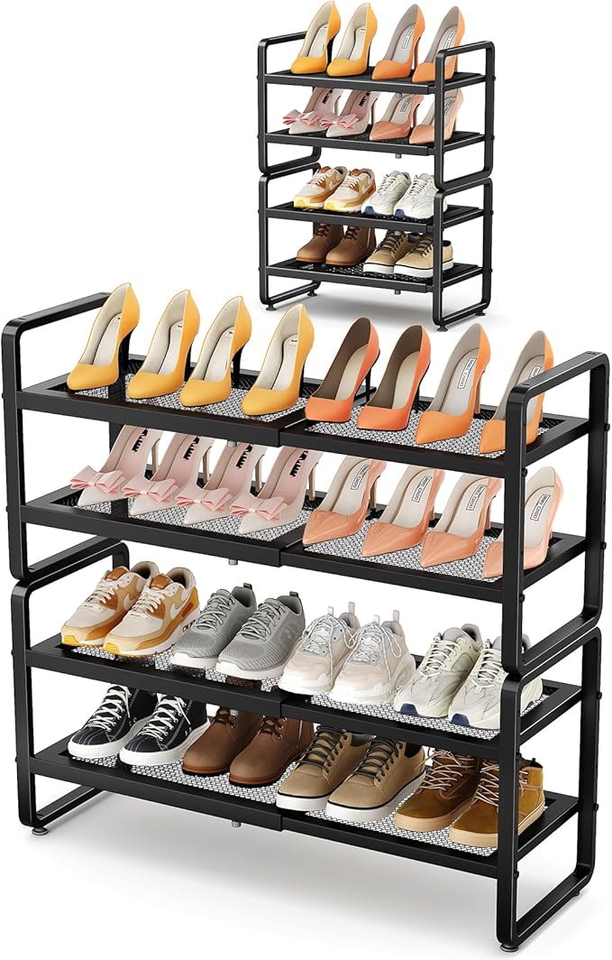 Shoe Rack - Expandable Shoe Organizer for Closet, Adjustable Metal Shoe Shelf Storage, Stackable Long Shoe Stand Holder for Garage, Entryway, Door Entrance (Black, 4-Tier)