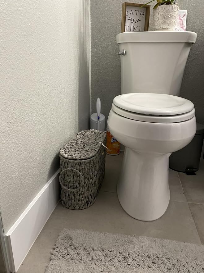 Toilet Paper Storage Basket with Lid,Wicker Toilet Paper Holder Stand,Narrow Decorative Woven Bathroom Basket Organizer,Free Standing Grey