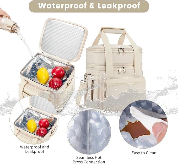 Insulated Lunch Bag & Lunch Box for Women - Double Deck Reusable Lunch Bag for men Tote Cooler Bag Leakproof Soft Expandable - Large Lunchbox for Work/Adult/Picnic/Outdoor (Cream，15L)