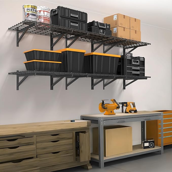 4 Pack Heavy Duty Garage Wall Shelving Set (2x3ft), Wall Mounted Garage Shelves 1400lbs Capacity, 24"x72" Shelf Storage Rack Floating Shelves, Black