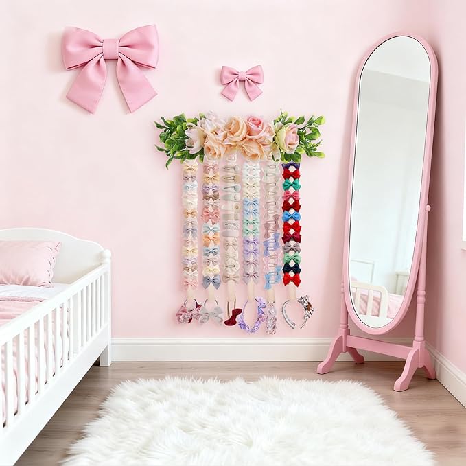 Hair Bows Holder Headband Organizer for Girls,Baby Hair Accessories Organizer Hair Clips Hanger Storage with Hooks, Wall Hanging Decor for Nursery Room (FB-GJ-Pink, JS95*38CM)