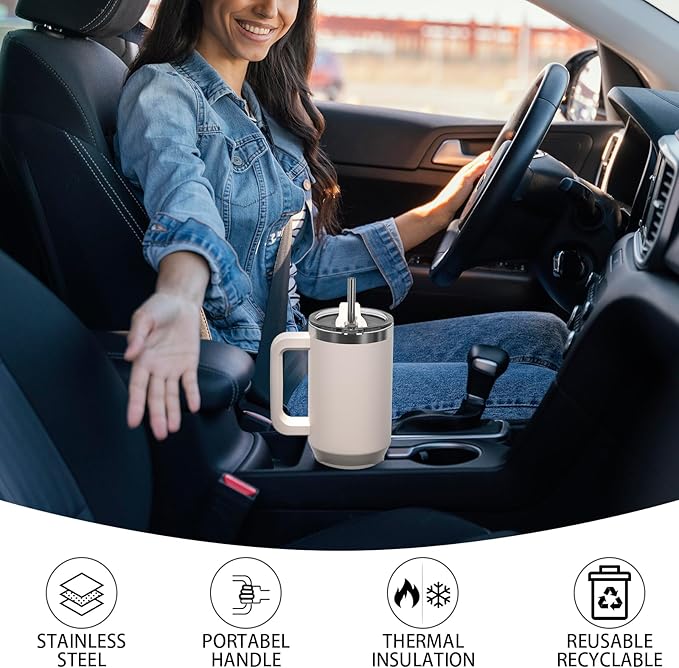 40 oz Tumbler with Handle,Tumbler with Lid and Straw,Double Wall Insulated Cup Stainless Steel Travel Mug(Cold for 34 Hours),Water Bottle for Iced Tea,Coffee,Cold Beverages(Ivory Beige)