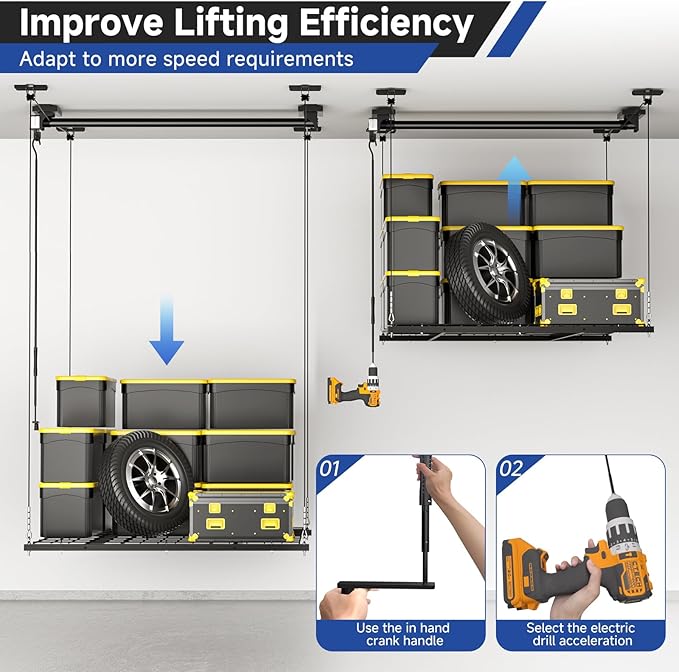 GADFISH Garage Ceiling Lift Storage Rack, Easy Lifting 85" Height 4x4 Ft Overhead Garage Storage Rack for Space Saving with Safety Lock, Suitable for 16"/24" Ceiling, 350LBS Capacity