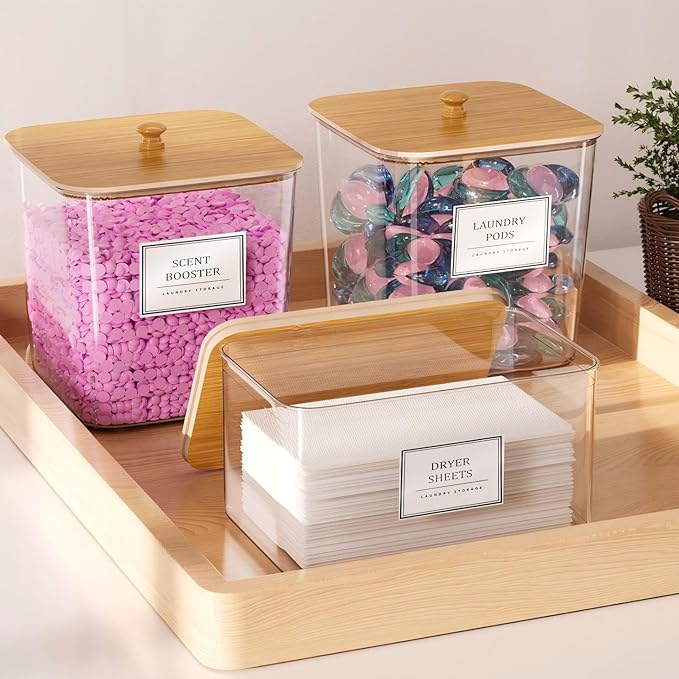 Laundry Pods Storage Container, Clear Laundry Room Organization and Storage ,Detergent Powder Container,with Wooden Lids & Labels, 3+1 Pack