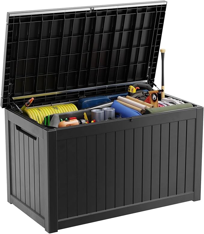 281 Gallon Outdoor Deck Box,Waterproof Resin Outdoor Storage Boxes, Outside Storage Lockable Container for Garden Tools,Indooor Cushions,Accessories (Black)