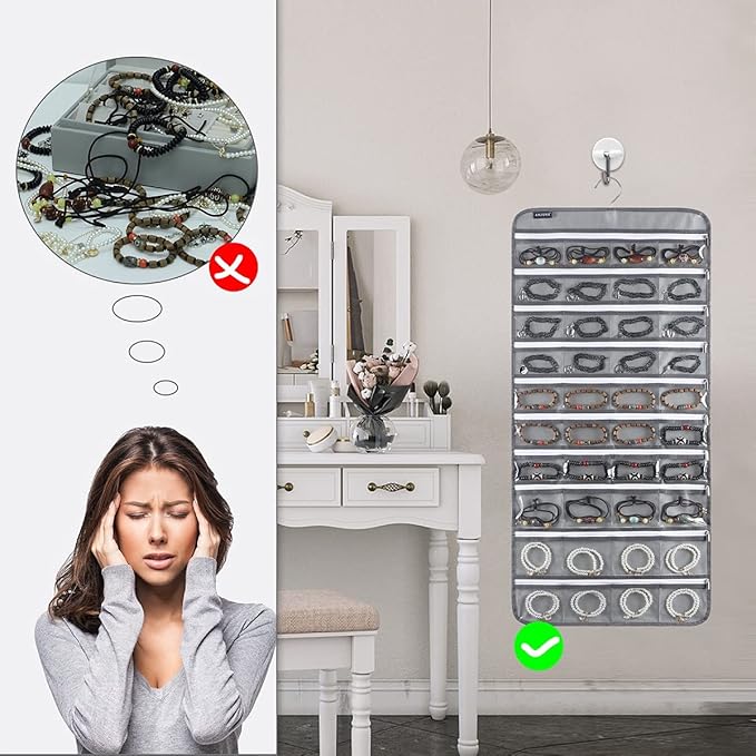 Dual-sided Hanging Jewelry Organizer with 40 Zippered Pockets and 20 Hook Loops Necklace Holder Jewelries Organizer for Earrings Bracelets Rings with 360 Degree Rotating Hanger (40 Zippered Pockets and 20 Hook Loops-Grey)