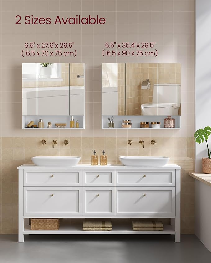 VASAGLE KAILYN Collection - Medicine Cabinet Mirror, Bathroom Wall Mirror Cabinet with Storage, Open Compartment, Adjustable Shelves, 6.5 x 27.6 x 29.5 Inches, Cloud White UBBK129W01