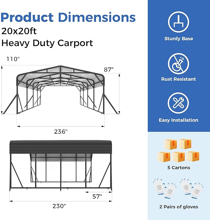 20’x20’ Carport Canopy Metal Carport Heavy Duty Car Port Galvanized Steel Roof, Reinforced Stable Triangle Frame Enhanced Base for Snowy Windy Carports Car Tent for Car,Pickup,RV,Tractor,Boat