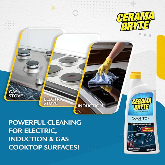 Cerama Bryte Glass Cooktop and Stove Top Cleaner Combo Kit - Includes Cleaning Tool, Razor, Scraper and 3 Pads to Remove Tough Stains - Use on Gas, Electric, Ceramic Surfaces, 10 Ounces, 6 Piece