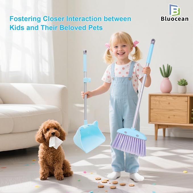 28'' Kids Mini Broom and Dustpan Set - Toddler Cleaning Toy, Toddler Household Helper, Parent-Child Interactive Play Cleaning Tool, Cute Cartoon Design, Small Safe Corner Broom (Blue Bubble)