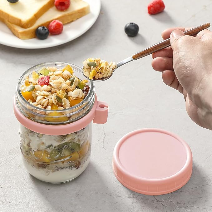 6 Pack Overnight Oats Containers with Lids and Spoons, 16 oz Glass Mason Overnight Oats Jars, Large Capacity Airtight Jars for Milk, Cereal, Fruit(Pink)