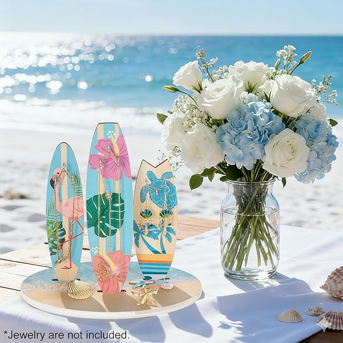 Surfboard Jewelry Holder Stand- Unique Coastal Christmas Beach Home Decor, Ocean-Themed Bathroom Decor, Cute Bracelet Ring Earrings Jewelry Organizer for Teen Girls, Wooden Preppy Hawaii Surfer Gift