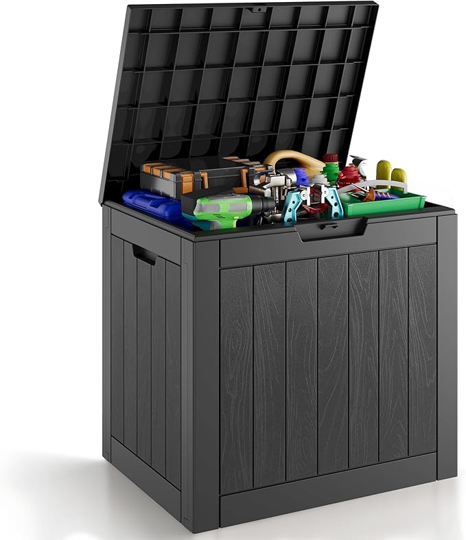 KAMABOKO Deck Box, 32 Gallon Resin Indoor and Outdoor Storage Boxes Waterproof for Garden Tools, Pool Accessories Storage Bench, Patio Furniture and Cushions with Lockable Lid, Black