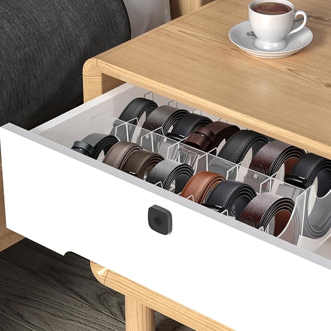 Belt Organizer with Lid, 14 Compartments Acrylic Belt Storage Holder with Dust Cover for Closet Drawer Checkroom Clear Belt Divider Display Case