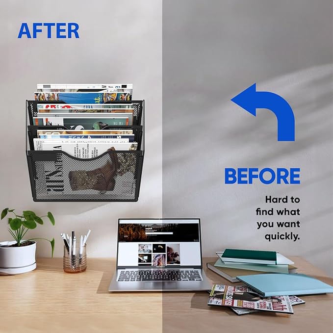 3 Tier Magnetic File Holder for File Cabinets, Refrigerator, Whiteboard, Office, No Drilling Installation Large Capacity Black Magnetic File Holder