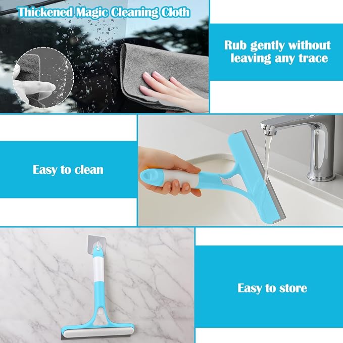 XANGNIER Window Cleaner Tool Kit,2025 3 in 1 Window Cleaning Scraper with Spray,Thickened Magic Cleaning Cloth,Window Scrubber Cleaning Squeegee for Glass,Mirror,Shower Doors,Car Windshields(Blue)