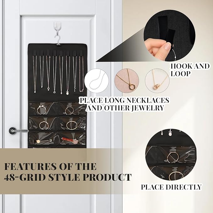 2 Pack Jewelry Hanging Organizer 80 Pocket with Hanger Hook, Double Sided Hanging Wall Jewelry Holder for Closet, Over Door Necklace Earring Storage Roll Bag for Women Ring Bracelet, Black