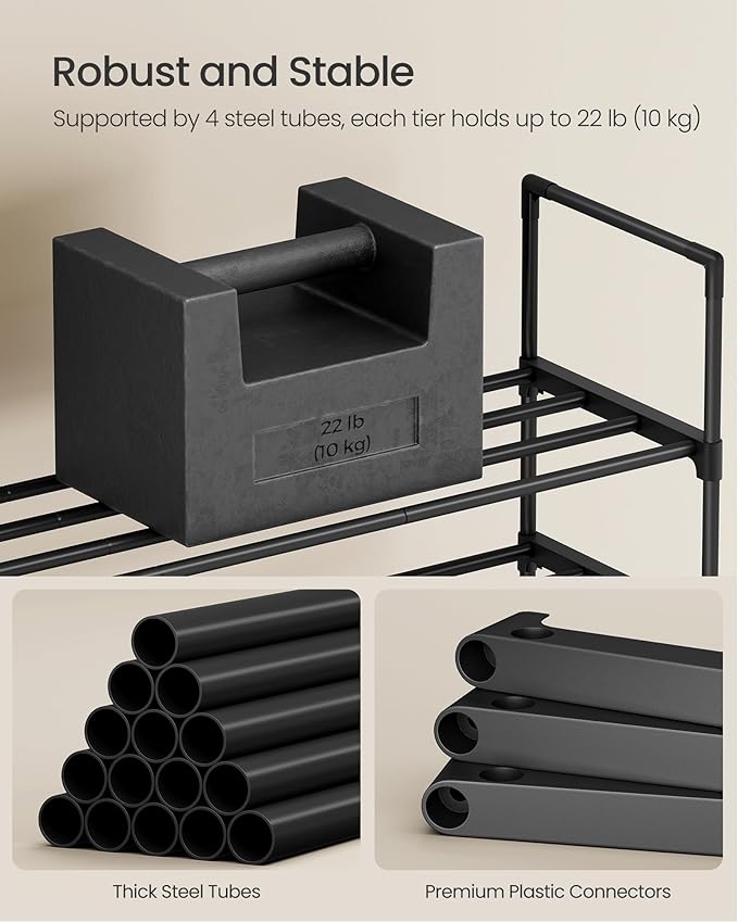 SONGMICS Shoe Rack, 4-Tier Shoe Organizer, Metal Storage Shelf, Upright or Upside Down, for 25-30 Pairs, Stackable, for Entryway, 11.8 x 46.1 x 29.5 Inches, Black ULSA034B01