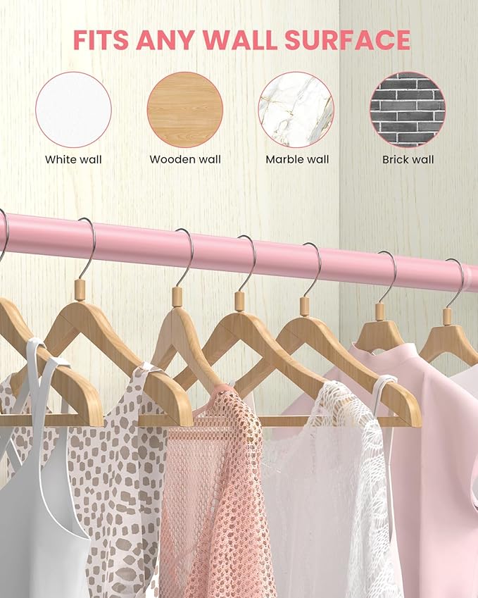 Closet Rods for Hanging Clothes, 17 to 99 Inches Stepless Adjustable Metal Closet Rod, 1.3 Inches Heavy Duty Clothes Hanging Rod for Closet Wardrobes Laundry RV, Pink