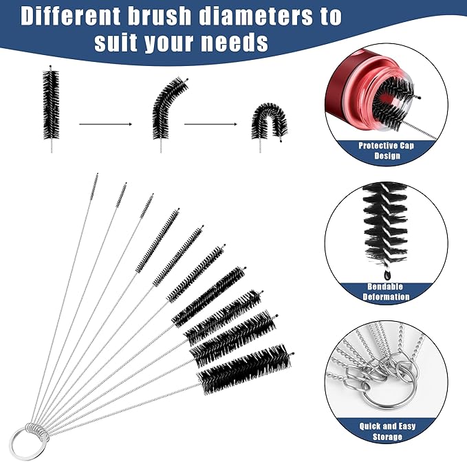 12Pcs Glass Tube Pipe Cleaners Brush Kit,Long Nylon Straw Brush for Glass Funnel and Bottle,17-inch Long Handle,8.2-in Different Diameters Brushes,35-in Flexible Double-Ended Hose Tool (Blue)