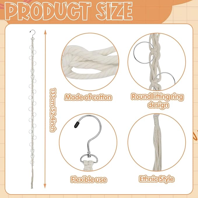 Hanging Braided Hair Clip Organizer with Swivel Hook and 20 Metal Rings, Claw Clip Organizer Daily Necessities for Women, Flexible Hanging Storage Decor for Wall