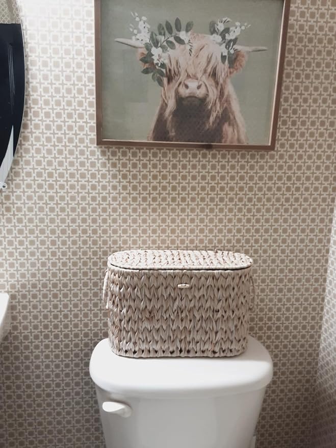 Toilet Paper Basket,Wicker Toilet Paper Storage with Lid,Decorative Boho Wicker Basket for Bathroom,Free Standing-Cream White