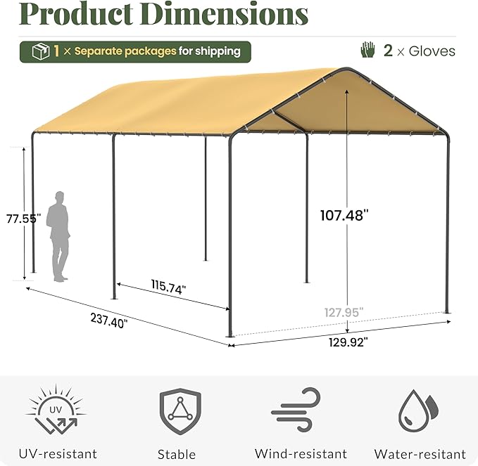Carport, 10‘ x 20’ Heavy Duty Portable Garage All-Season Car Canopy, Outdoor Garage Boat Shelter Carport Canopy Party Tent w/Water-Resistant Tarp for Backyard (Yellow, 10' x 20' /no Side)