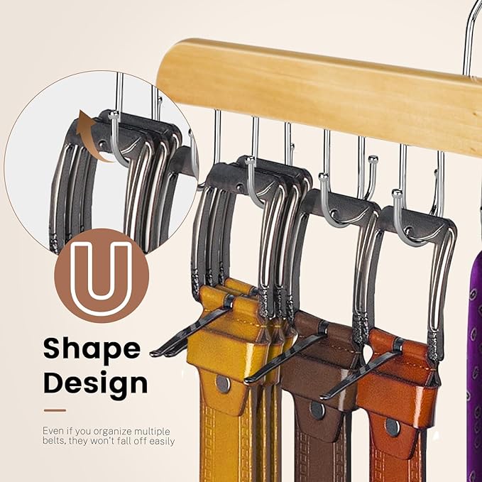 Solid Wood Belt Hanger for Closet, 14 Hooks Belt Organizer Space Saver, 360° Rotating Belt Holder Tie Rack for Men Women Dorm Bra Purse Scarf Tank Top Storage Accessories (Beige)