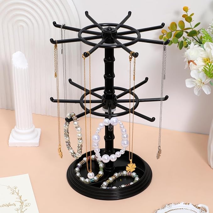 FRCOLOR Rotating Hanger Storage Stand with 16 Hooks for Keychains Bracelets Hair Ties Small Accessories Organizer Desktop Display Rack 8X12X8 Inches