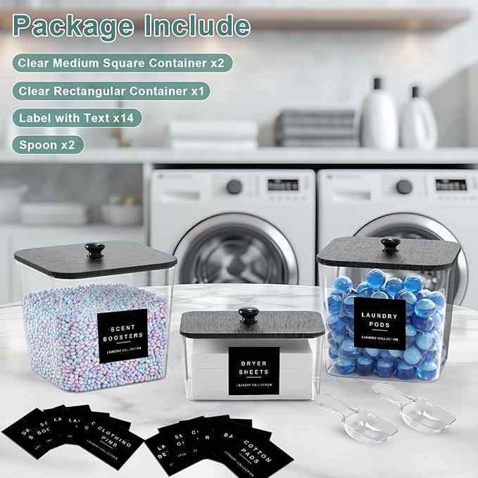 3 Pack Laundry Pod Containers and Dryer Sheet Holder Acrylic Jars with Bamboo Lids and Labels Laundry Room Organization Containers for Scent Booster Powder Detergent Pods Storage