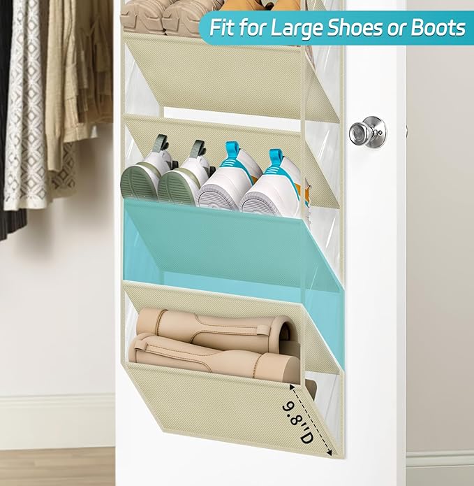 AOODA 10 Tier Clear Over The Door Shoe Organizer Storage, Deep Pockets Large Hanging Shoe Rack for Closet Door, Fit 20 Pairs Shoe Holder Hanger for Sneakers, Boots (Deep Beige)