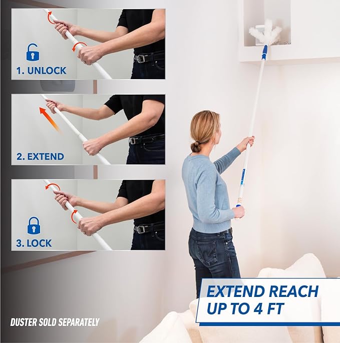 Unger Steel Telescopic Pole, Extend from 2’ to 4’, High Access Extendable Telescoping Poles for Home Cleaning, Clean and Dust Cabinets, Ceiling Fans, Picture Frames, Windowsills