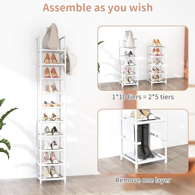 Tall Narrow Shoe Rack 10-Tier Skinny Shoe Shelf Storage for 10-15 Pairs Shoes and Boots, Space Saving Corner Shoe Rack Organizer for Closet, Entryway, Garage, Living Room,White