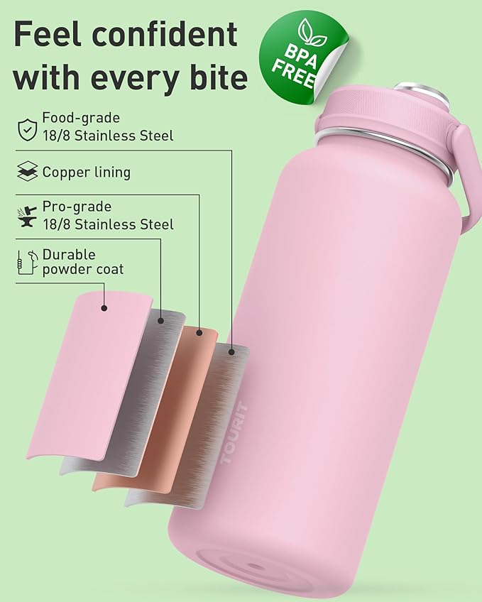 TOURIT 32 oz Insulated Water Bottle, Stainless Steel Sports Water Bottles With Top Handle, Double-Wall Travel Thermal Water Flask, BPA Free Leakproof Water Bottle for Sports and Travel (Obsidian)