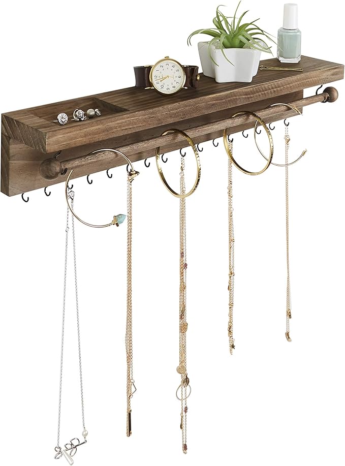 Rustic Necklace and Jewelry Organizer - Hanging Wall Mount Display - Mounted Wooden Holder for Earrings, Necklaces, Bracelets, and Many Other Accessories (Two Piece, Rustic)