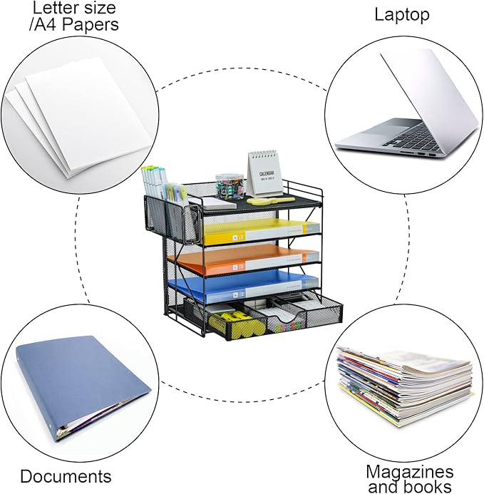 GALASALA Desk Organizers, 5-Tier Mesh Desktop File Organizer, Paper Organizer Letter Tray with Drawer, Paper Sorter for School Office Supplies Desk Accessories, Black