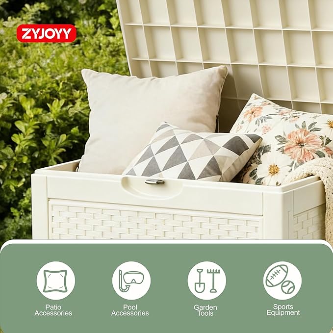 ZYJOYY 33 Gallon Resin Deck Box, Weatherproof Outdoor Storage Box for Patio, Garden and Yard, Lockable Waterproof Bin for Tools, Cushions, and Accessories, White