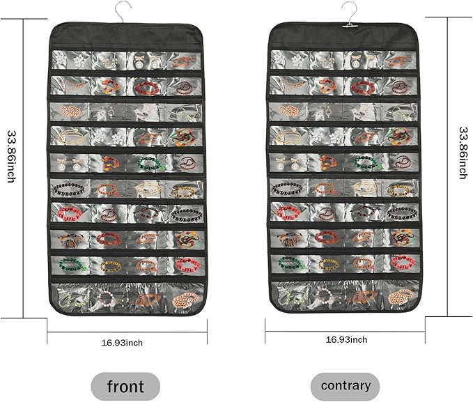 80 Pockets Double-Sided Hanging Jewelry Storage Bag, Transparent Earring, Bracelet, Ring Bag, 33x17 Inch Large Size Fits Wardrobe/Shelf Rod, Travel Portable, Non-Woven(Black)